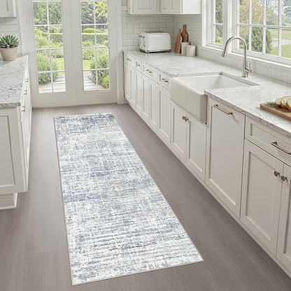 Runner Rug Non-Slip Kitchen Rug: 2x6 Washable Abstract Modern Soft Stain Resistant Indoor Floor Neutral Accent Throw Carpet for Hallway Bathroom Laundry Room Bedroom Entryway- Blue