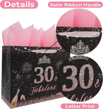 wishinside 13'' Large 30th Birthday Gift Bag Set with Handles, Greeting Card, Pink Tissue Papers and Stickers for 30 Year Old, Her, Women, Sister, Daughter, Best Friend, Tiara Design, 1 Pcs