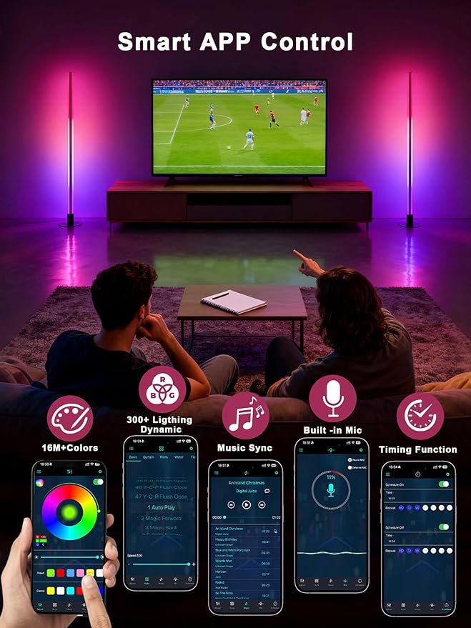 Corner Floor Lamp 2 Pack, LED Corner Lamp with 1300lm Smart Modern Floor Light with Music Sync, 16 Million Colors, Timer and DIY Shape with APP & Remote Control for Living Room, Bedroom, Gaming Room