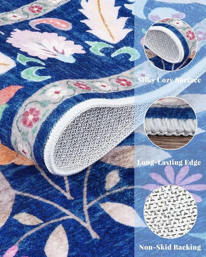 8x10 Blue Farmhouse Rugs for Living Room - Large Unique Washable Area Rug for Bedroom, Dining Room Under Table, Floral & Animal Design, Low Pile Soft Carpet