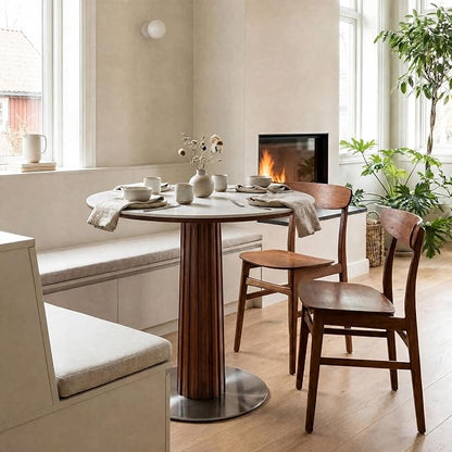 Round Dining Table, 31.5" Solid Wood Dinner Table with Thickened Top & Steel Pedestal, Mid Century Modern Bistro Table for Kitchen, Small Space, Living Room, Cafe, White & Walnut -Style B