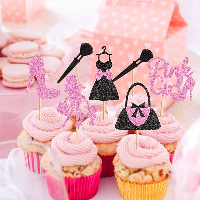 Ercadio 24Pcs Shopping Cupcake Toppers Pink Girl Cupcake Picks Handbag High Heels Dress Food Picks for Fashion Girl Women Birthday Bridal Bachelorette Shopping Party Decorations Supplies