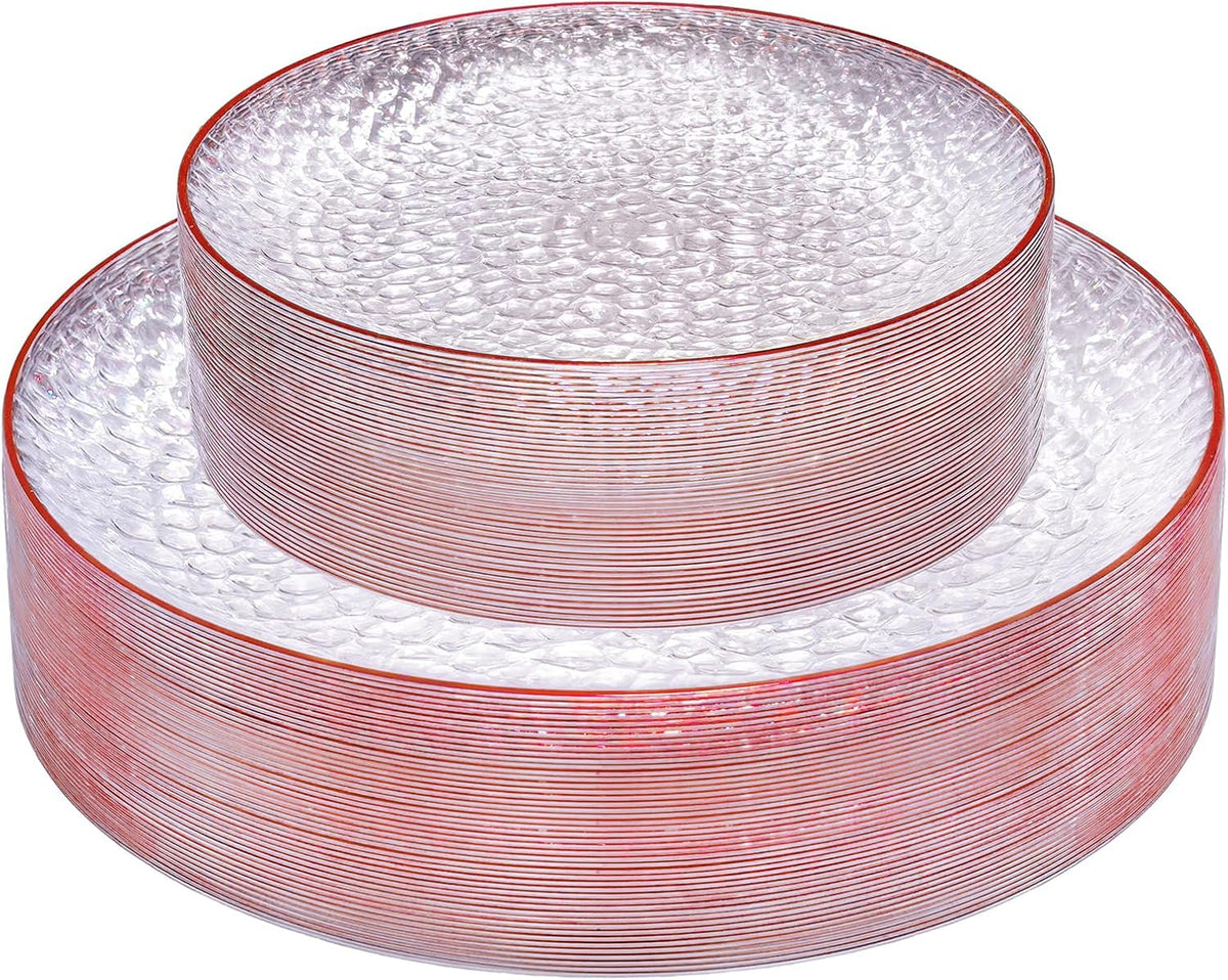 Rubtlamp 60Pcs Red Plastic Plates, Clear Plastic Plates, Heavy Duty Disposable Plates for Party, Fancy Hammered Plates Include 30 Red Dinner Plates 30 Clear Cake Plates For Wedding