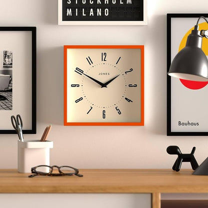 JONES CLOCKS® Box Wall Clock | Retro Square | 10 inch | Orange | Easy to Read Numbers | Perfect Kitchen or Office Clock