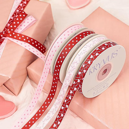 Valentine's Day Ribbon Set - 4 Rolls Heart Printed Grosgrain Ribbon, 3/8 Inch x 60 Yards Total for Gift Wrapping, Crafts, Home Decor, Party Supplies (Red, White, Pink, Hot Pink)