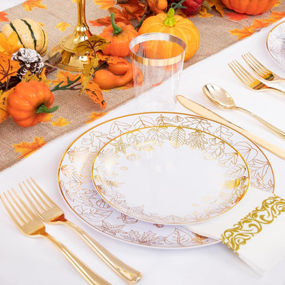 Supernal 175pcs Thanksgiving Gold Plastic Plates,Disposable Dinnerware Set,Elegant Thanksgiving Maple Leaf Design,25Gold Plastic Silverware,25Gold Disposable Cups and Gold Paper Napkins
