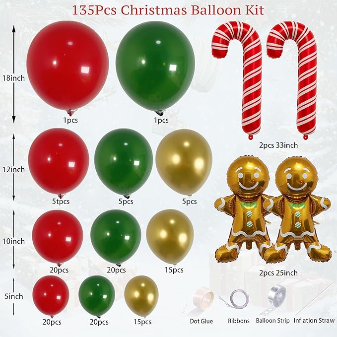 PartyXpress 135PCS Christmas Balloon Arch Garland Kit with Dark Green Red Gold Cane Gingerbread Man Balloons for Xmas Party Backdrop, Holiday Birthday Decorations, Christmas Garland Indoor