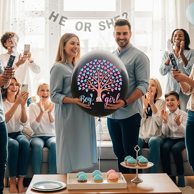 Giving Tree Gender Reveal Balloon Popping Ideas, 36" Jumbo Black Baby Boy or Girl Balloons with Blue Pink Confetti, Perfect for Baby Shower Gender Reveal Parties