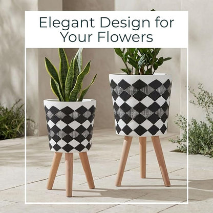 Resin Planter Stands Set – Plant Stand for Living Room or Patio Display for Greenery and Home Decor Styling, Geometric Mid-Century Design for Modern Outdoor Decor – 12" & 10", Black and White