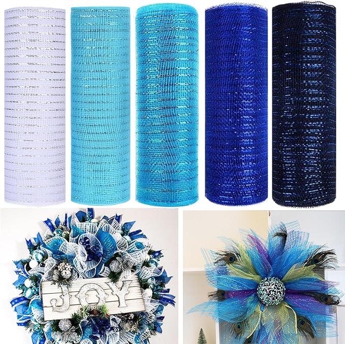 5 Rolls Christmas Mesh Ribbon for Wreath, 10 Inch x 30FT Per Roll Metallic Foil Deco Mesh Rolls White Blue Royal Blue Navy Decorative Mesh for Summer Wreath Christmas Tree Home Party Decor