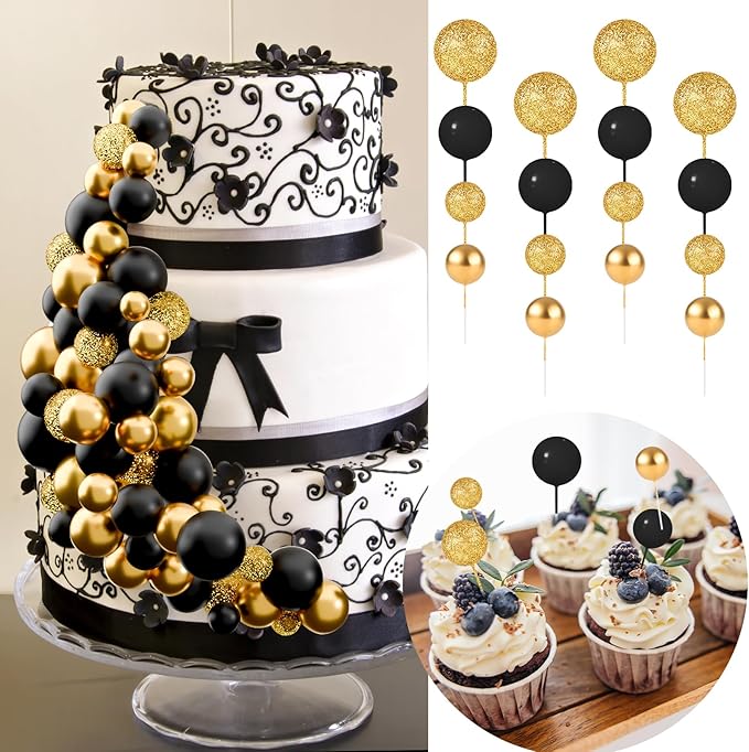 60Pcs Glitter Cake Balls Decorations Foam Cake Topper Balls Mini Balloon Cupcake Toppers for Cake Decorating Birthday Baby Shower Party (Glitter Black Gold)