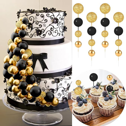 60Pcs Glitter Cake Balls Decorations Foam Cake Topper Balls Mini Balloon Cupcake Toppers for Cake Decorating Birthday Baby Shower Party (Glitter Black Gold)