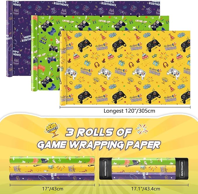 WERNNSAI Gaming Wrapping Paper Rolls - 3 Short Rolls 17 in x 120 in Video Game Wrapping Paper for Kids Boys Birthday Gamer Theme Party Decorative Gift Packing Paper Supply Green Yellow Purplewith Cut Lines