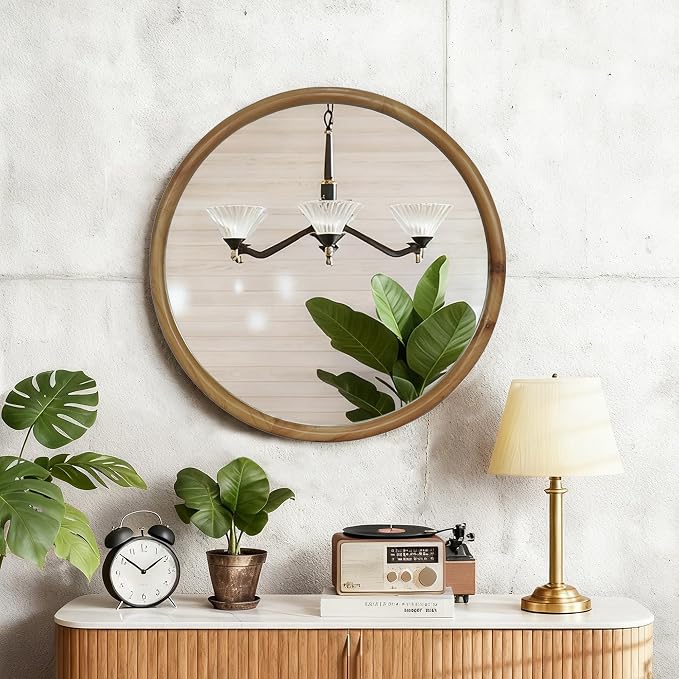 Round Wood Framed Wall Mirror Natural Wooden Circle Mirror for Bathroom Chamber Entryway Mid-Century Modern Decorative Mirror Practical