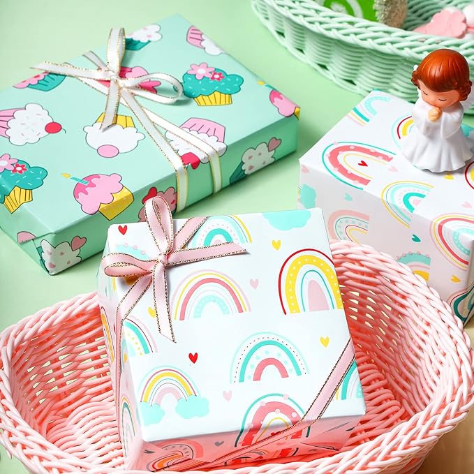 LeZakaa Mini Wrapping Paper Roll - Mini Roll - Cupcake/Rainbow/Colorful Stripe for Birthday, Party, Holiday, Baby Shower - 17 x 120 inches - 3 Rolls (42.5 sq.ft.ttl.)