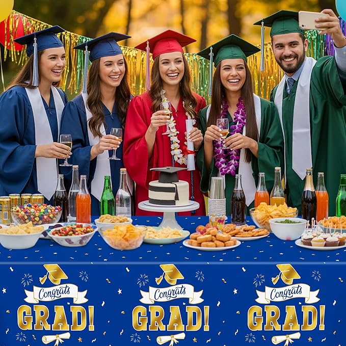 2Pack 2026 Graduation Decorations, 108" X 54" Graduation Tablecloth, Bluegold Disposable Table Cloths for Grad Party Favors Supplies, Rectangle Plastic Tablecover for Class 2026 Congrats Grad for Kids