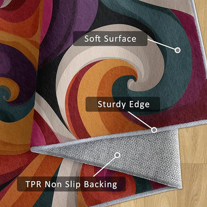 70s Rug 5x8 Retro Funky Hippie Psychedelic Swirl Pattern Area Rugs for Living Room, Bedroom, 70s Home Decor Accessories Indoor Carpet, Non Slip & Machine Washable, GD0397