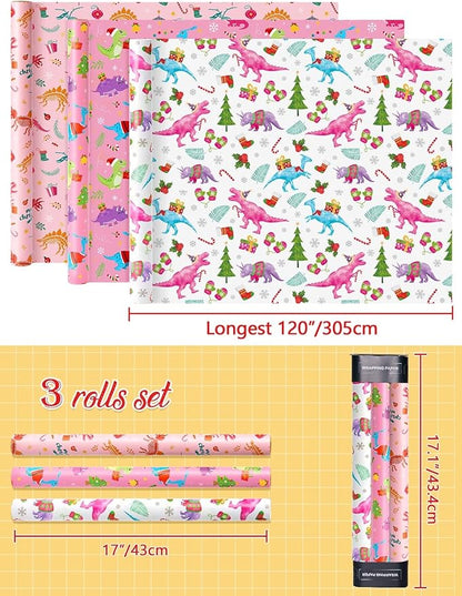 WERNNSAI Dinosaur Gift Wrapping Paper Rolls - 3 Rolls 17” x 120” Dino Kids Birthday Wrapping Paper Medium Roll Set Girl Pink Wrap Paper Happy Birthday Party Supply