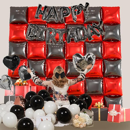 36pcs Red & Black Square Foil Balloons - Double-Sided Mylar Balloon Backdrop Kit for Birthdays, Graduation 2026, New Year, Photo Booth Decor (9.5ft x 9.5ft Checkered Wall/Tunnel)