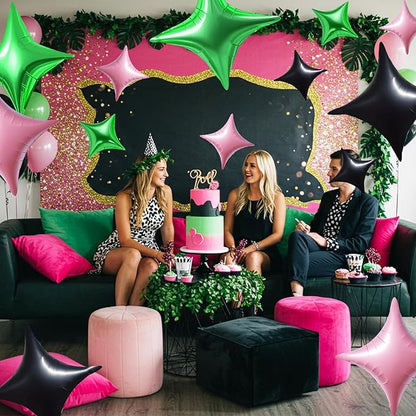 TONIFUL 30Pcs 26In&10In Star Balloons Light Pink Green Black Four Pointed Foil Mini Star Mylar Balloons for Birthday Wedding Baby Shower Anniversary Engagement Party Decor Supplies