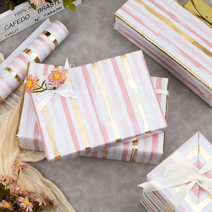 MAYPLUSS Girl Pink Wrapping Paper Roll - 17 Inch X 33 Feet - Elegant Thick Shimmering Stripe Pink Gold Foil Paper Baby Gift Wrap for Baby Shower, Wedding, Bridal, Birthday Party, Valentines Day