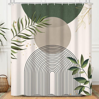 Boho Mid Century Shower Curtain, Green Modern Minimalist Abstract Geometric Gold Plant Leaves Sun Arch Bathroom Curtains Waterproof Fabric Buthtub Curtain Set with Hooks 72" Wx72 L
