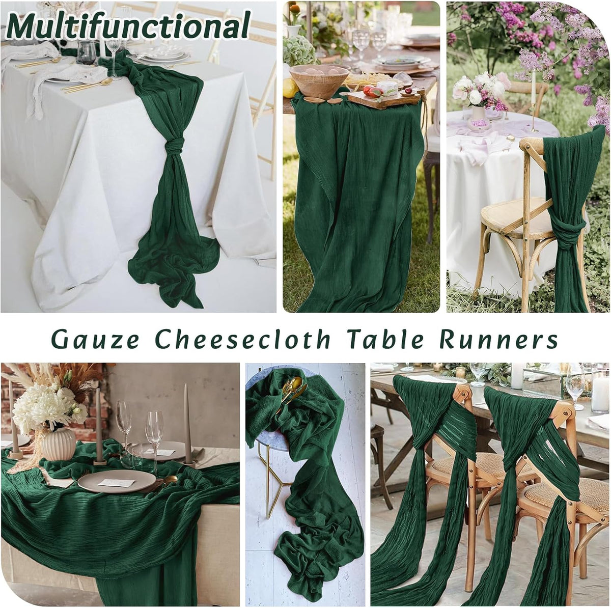 16Pack Emerald Green Table Runner 10FT Cheesecloth Table Runner 35x120Inch Long Boho Cheese Cloth Table Runners Rustic Gauze Table Runners for Party Wedding Bridal Shower Baby Shower Decorations