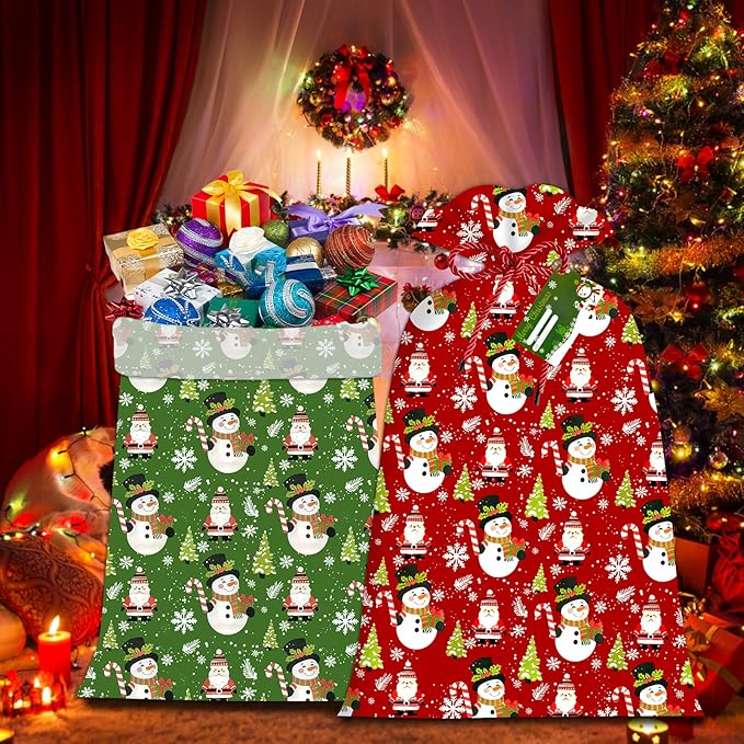 2 Pcs Large Gift Bags Xmas Santa Snowman Gift Bag Oversized Plastic Storage Bags 48"x 36" for Huge Big Gifts Presents Wrapping Kids Bicycle Bike Goodie Bags, Birthday, Party, New Parents Baby Shower