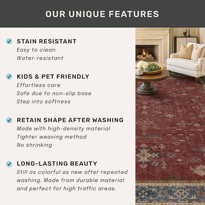 Large Burgundy 3x12 Long Runner Rug for Hallway - Washable Kitchen Rug, Low Pile Thin Carpet for Bedroom Bedside, Foyer, Non Slip Unique Bohemian Red Décor