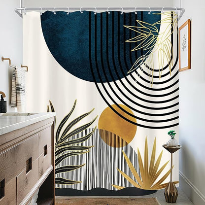 KOMLLEX Mid Century Blue Boho Shower Curtain 72Wx72L Inches Abstract Modern Blue Shower Curtains for Bathroom Decor Plant Botanical Minimalist Arch Sun Fabric Liner Waterproof Polyester 12 Pack Hooks
