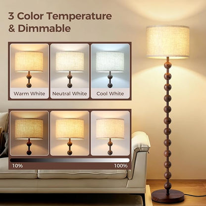62" Vintage Farmhouse Floor Lamp for Living Room,3 Color Temperatures & Dimmable,Rustic Standing Lamp with Remote & Foot Switch,Retro Wood Grain Tall Floor Lamp for Bedroom Office Corner(Walnut)