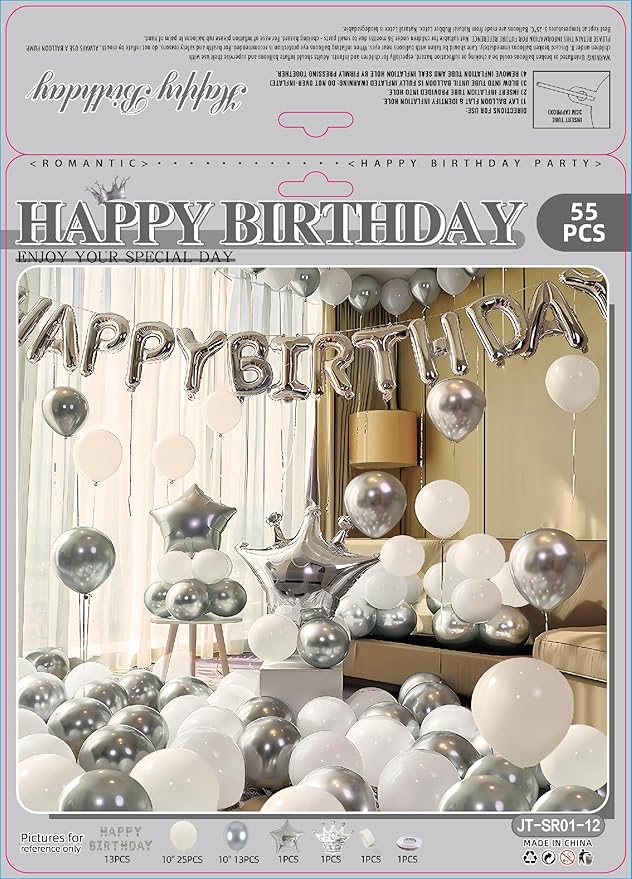 Mxdfafa 55PCS Silver & Blue Happy Birthday Balloon Arch Kit, Latex Balloons with "Happy Birthday" Foil Banner, Moon & Star Foil Balloons, DIY Garland Kit for Birthday, Wedding, Anniversary Decor