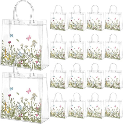 Kacctyen 24 Pcs Gift Bags for Party Favor Clear Goodie Bags with Handle 7.87 x 7.87 x 3.15 Return Gift Wrap Totes for Guests Treat Candy Wrapping(Vintage Wildflowers)