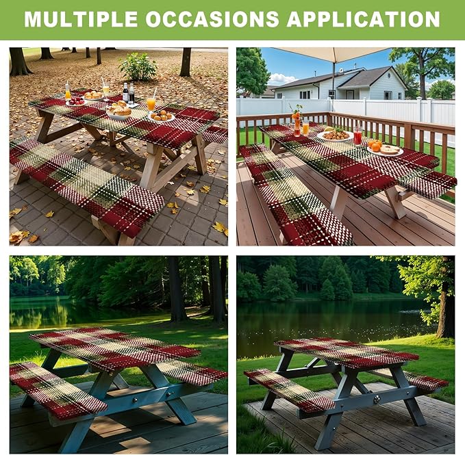 ANNA QUEEN 6FT Christmas Picnic Table Cover Set 3PCS 72"x30", Waterproof Outdoor Bench and Tablecloth Furniture Protection for Camping Beach BBQ Patio Backyard