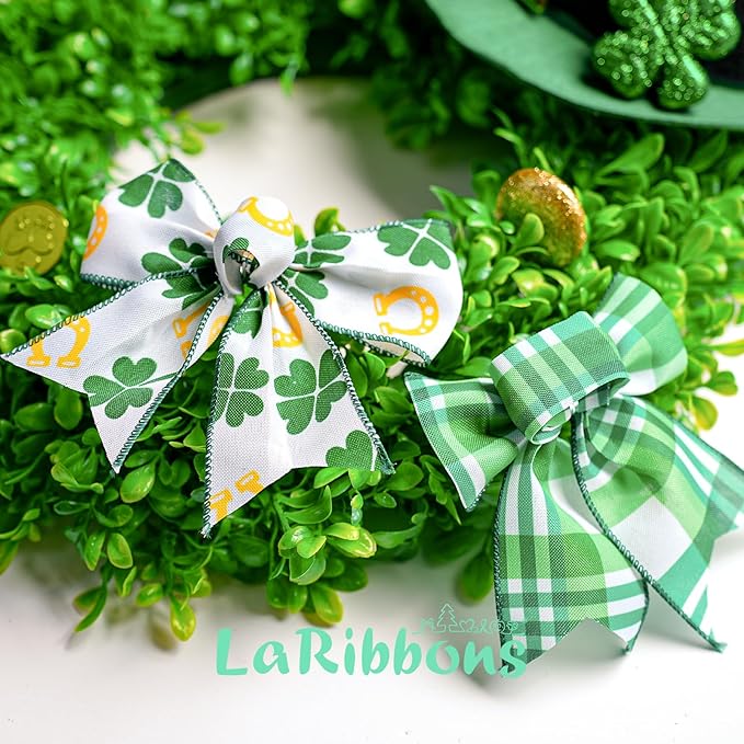 LaRibbons St Patricks Day Ribbon Wired 2 Rolls 2.5 Inch x 20 Yards Tt, Glitter Shamrock Green and White Plaid Ribbon for Crafts Supplies Wreath Bow Making DIY