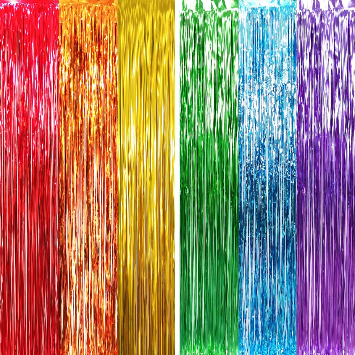 GOER 6.5 ft x 8.2 ft Metallic Tinsel Foil Fringe Curtains,Pack of 2 Party Streamer Backdrop for Birthday,Graduation Decorations and New Year Eve (Rainbow Colors)