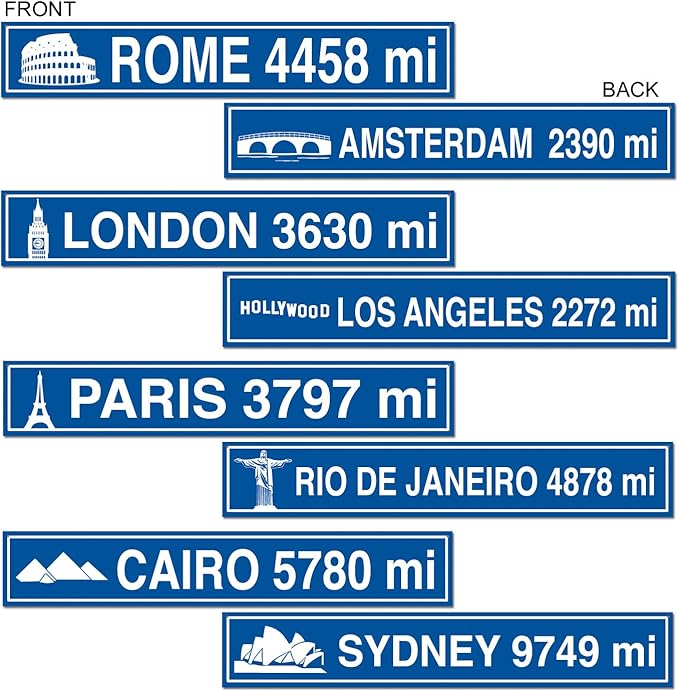 Beistle Pack of 4 Travel Street Sign Cutouts in Blue/White, International Themed Party Wall Hanging Decorations, History, Georgraphy Classroom Decor