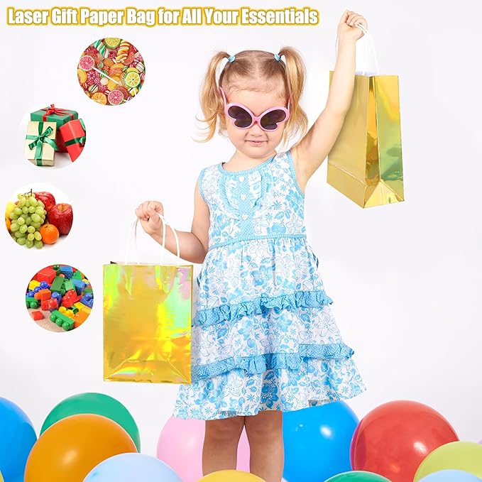 MIMIND 24 Pack Iridescent Paper Gift Bags with Handles Holographic Party Favor Bags with Tissue Paper 8.7 x 6.3 x 3.1 Inch Glitter Gold Foil Goodie Candy Bag for Wedding Baby Shower Birthday Party