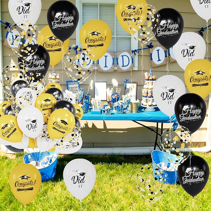 60 Pcs Black and Gold Graduation Balloons Class of 2026 Graduation Decorations - 12 Inch White Gold Confetti Latex Balloon Congrats Grad Balloons with Ribbons for Grad Decorations Supplies
