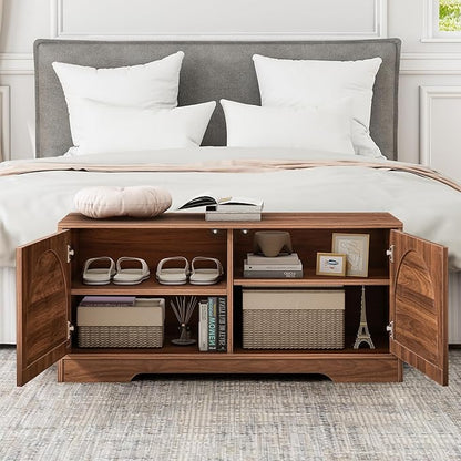 BERRYMERRY 39.4" Fluted Shoe Storage Bench for Entryway,2 Tier Shoe Cabinet Bench with Adjustable Shelf,Bench for Bedroom End of Bed (Walnut, 13.8”D x 39.4”W x 18.5”H)