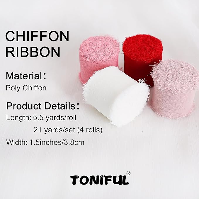 TONIFUL 4 Rolls Silk Chiffon Ribbon 1-1/2 Inch x 22 Yards Red Pink and White Handmade Fringe Valentine Ribbon Set for Gift Wrapping Bridal Bouquets Crafts Wedding Valentines Decoration