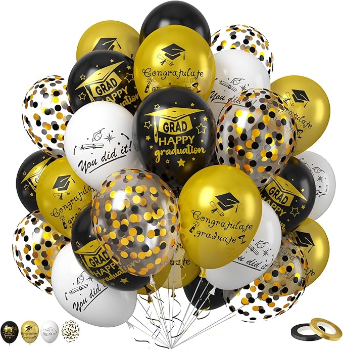 Graduation Balloons, Graduation Party Decoration, 50PCS 12 Inch Black Gold Confetti Graduate Ballons for Grad College High School Class of 2026 Congrats Grad Party Decorations