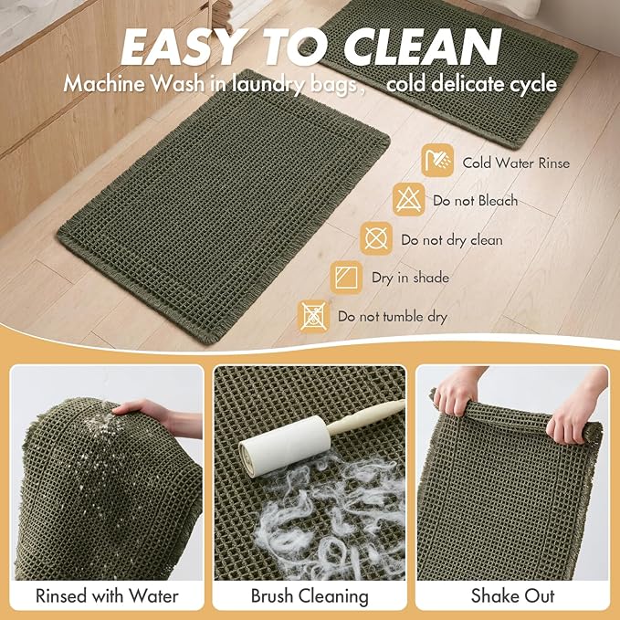 MIULEE Set of 2 Waffle Bathroom Runner Rugs, Boho Bath Rugs Non Slip, Super Absorbent Runner Bath Mats, Rubber Backed Shower Mats for Hallway Bedroom Laundry Room, Green, 2'x4'(24x48 Inch)