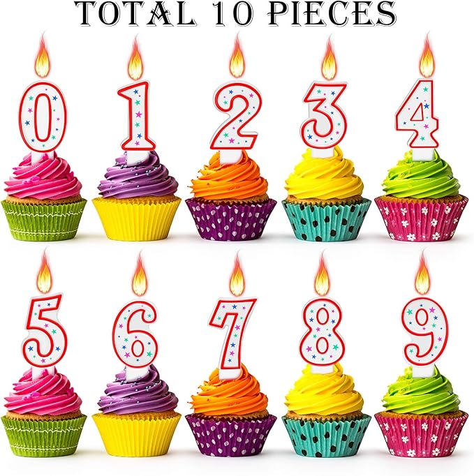 Nuanchu 10 Pcs Number Birthday Candles for Cakes, Polka Dot Colorful 0-9 Numeric Candles for Birthday Cake Decoration, Numeral Topper Decor for Wedding Anniversary Reunions Party Celebrations(Red)