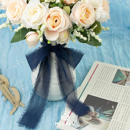 Navy Blue Chiffon Ribbon 1-1/2 Inch x 21 Yards Handmade Fringe Chiffon Silk Ribbon Frayed for Wrapping, Wedding Invitation, Bridal Flower Bouquets, Crafts