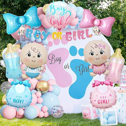 Gender Reveal Decoration Set - Includes Foil Balloon (Boy & Girl, Bibs, Bottles, Bows), 16inch Large Foil Balloon for Gender Reveal Party, Baby Shower Decor