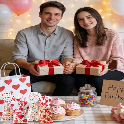 Aegero Valentines Cellophane Bags 120pcs Valentines Candy Bags with 140pcs Twists for Valentine's Candy Cookie Goodie Snack Bag for Valentines Day Wedding Party Favor Supplies,Classroom Parties Valentine02-Red Heart