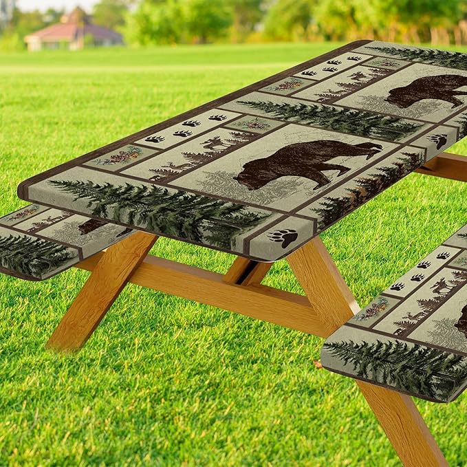 Picnic Table Cover with Bench Covers Rustic Bear Pattern Waterproof Windproof Fitted Outdoor Patio Camping Rectangle Tablecloth 60x30 Inch Elastic Edges
