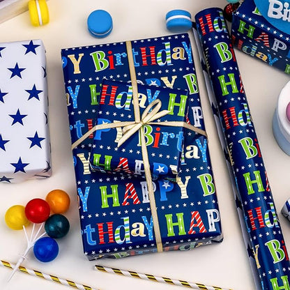 MAYPLUSS Happy Birthday Wrapping Paper Roll - 17 Inch X 16.5 Feet - Metallic Navy Blue Star Birthday Gift Wrapping Paper for Men, Boy, Baby Shower, Holiday