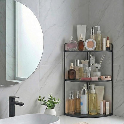 3 Tier Corner Bathroom Counter Organizer, Countertop Organizer, Makeup Organizer Countertop, Bathroom Storage Sink Shelf, Wooden and Metal Counter Shelf (Large Capacity-Black)